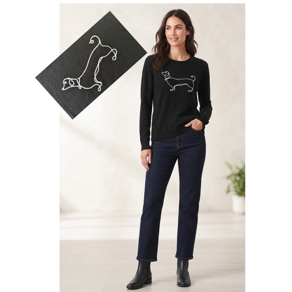 LOFT Womens Black Dachshund Dog Embroidered Sweater Side Button Crew‎ Neck Small